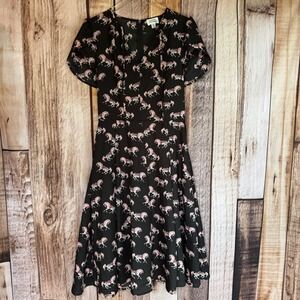 Unique Vintage Dress Carousel Horse Print Black Retro Fit & Flare Size Medium